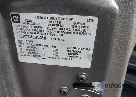 2005 GMC Envoy Slt from USA, damaged, VIN 1GKDT13S852303586